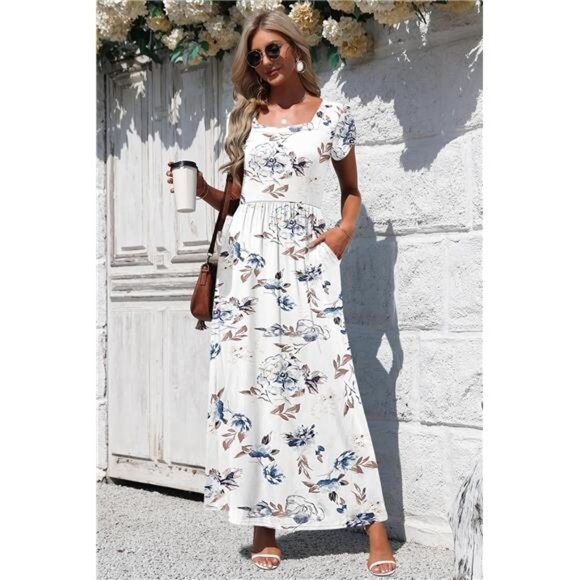 Women's Square Neck Maxi Dresses Petal Short Sleeve Casual Long Dress Pokets - Picture 4 of 6